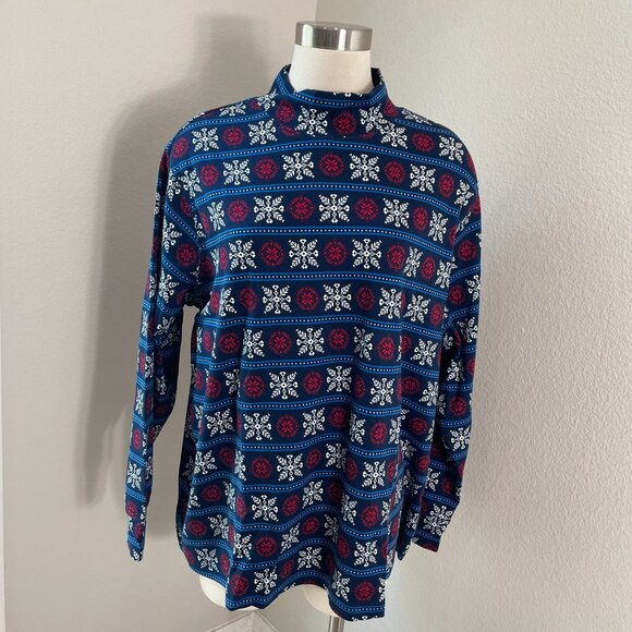 Lands End Woman Plus 2X Relaxed Snowflake Mock Neck Cotton Top Holiday Christmas - Picture 1 of 9